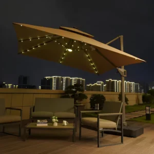 Solar LED Polyester Patio Umbrella Aluminum Pole Square Roman Column Rainproof UV Protection