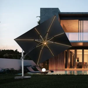 Solar LED Square Cantilever Umbrella 10×10 FT Double Tiered Lighted Offset Parasol with Stand