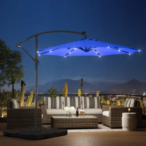 Solar LED Waterproof Steel Base Cantilever Patio Umbrella Offset Design Foldable