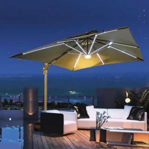 Solar Panel Parasol Umbrella, Aluminum Frame, Windproof Waterproof, for Patio Courtyard Hotel Outdoor Furniture