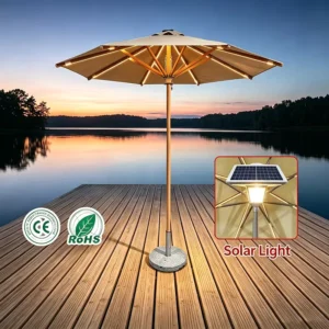 Solar Powered LED Aluminum Alloy Center Pole Umbrella, UV Resistant, for Outdoor Patios Courtyards Cafes Restaurants and Terraces