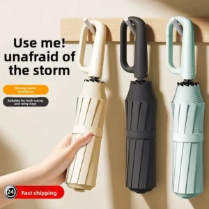 Solid-Color Business Automatic Three-Fold Large Umbrella Steel Ribs Ring Buckle Reinforced Windproof