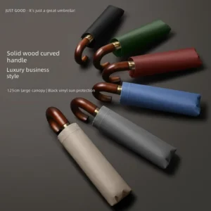 Solid Wood Curved Handle Three-Fold 10-Rib Fully Automatic Customizable Windproof UV-Resistant Umbrella