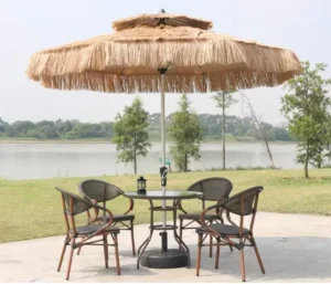 Source Factory Aluminum-Frame Round Milan-Style Straw Hat Umbrella with Rust-Proof Synthetic Thatch Shade for Beach and Cafe