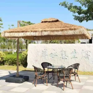 Source Factory Artificial Thatch Pavilion Umbrella Square Aluminum Pole Marble Base Cantilever Folding Sun Shade for Patio
