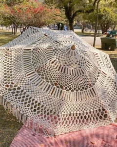 Source Factory Bohemian Tassel Aluminum Beach Pavilion, Woven Fringe Double Top Windproof Sun Shade Canopy