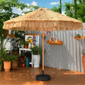 Source Factory Foldable Lightweight Bohemian Patio Umbrella with UV Protection, Thatch Roof, and Hula Straw for Hotel, Beach, Dining, and Park Use