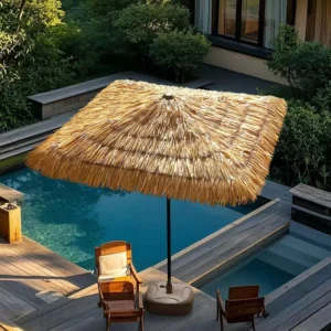 Source Factory Hawaiian Style Foldable Aluminum Umbrella Marble Base Rustic Design for Hotel Restaurant Beach Pavilion
