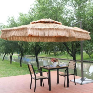 Source Factory Hawaiian Thatch Pavilion Umbrella Aluminum Frame Marble Pedestal Waterproof Folding Outdoor Dining Hotel Patio