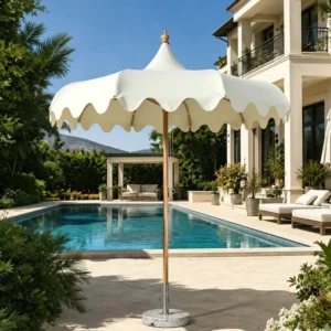 Source Factory Large Traditional Foldable Outdoor Beach Umbrella Waterproof Aluminum Pole Tassel Scallop Edge Marble Base
