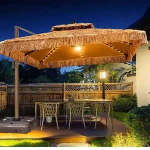 Source Factory Thatch Style Solar Rotating Outdoor Umbrella Aluminum Polyester Rainproof Sun Shelter Imitation Straw Pavilion