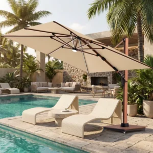 Square Large Sunshade Wooden Pole Base Ribs Cantilever Umbrella with Solar LED Light