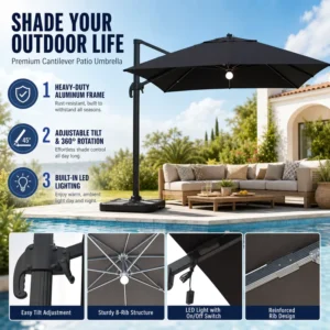 Square Roman Parasol Solar LED Aluminum Frame Side Pole For Outdoor Restaurants Patios Farmhouse Porch Deck