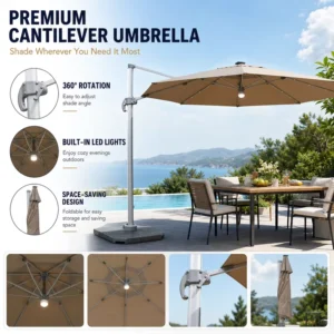 Square Solar Light Cantilever Umbrella Aluminum Frame Roman Parasol For Outdoor Restaurants Patios Resort Poolside