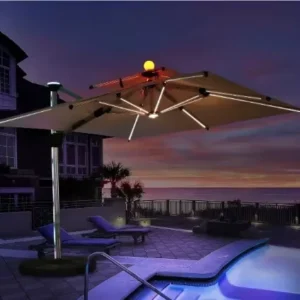Modern Square Beach Umbrella with LED Light Waterproof Foldable Design Silk Screen Printing Logo Crank Lift Sunshade