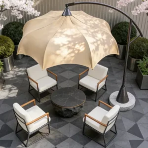 Stainless Steel Column Banana Shaped Cantilever Outdoor Furniture Umbrella Granite Base Crank Lift for Patio Terrace Sunshade