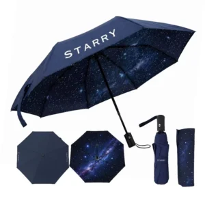 Starry Sky Inner Print Automatic 3-Fold Umbrella 23-inch Double-Layer Deep Space Blue Opaque Windproof Travel Umbrella Custom