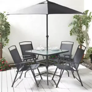 Steel Glass Patio Dining Set Outdoor Garden Table Chair Set with Center Pole Parasol Umbrella