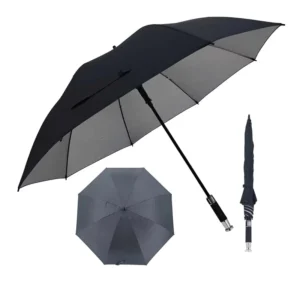 Straight Business Gift Umbrella with Silver Coating UV Protection Windproof Black Long Umbrella with Canopy Carrying Strap