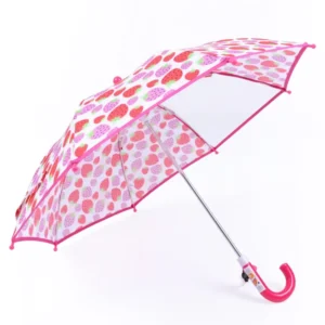 Straight Children’s Umbrella with Full-Print Strawberry Pattern, Manual, Polyester, Plastic Handle