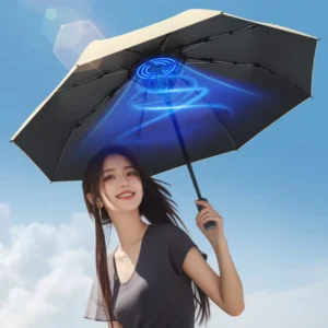 Straight Custom Logo Solar Fan Folding Umbrella