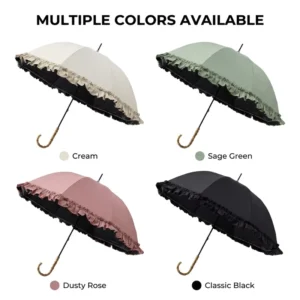 Straight Parasol Umbrella with Bamboo Handle, Manual Ruffled Pongee Design