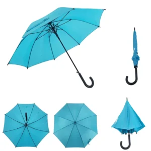 Straight Umbrella Long Handle Cyan Blue Waterproof Windproof Semi Automatic Promotional J Hook Gift Factory Logo