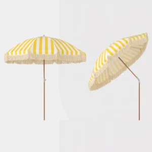 Stripe Print 160g Polyester Canopy 8-Rib Steel Frame Tilt Pole Arc 2.2M Fringe Beach Umbrella with Tassel Valance