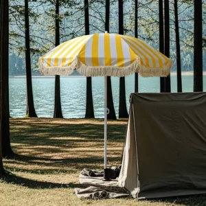 Striped Large Outdoor Manual Straight Beach Parasol with Tassels