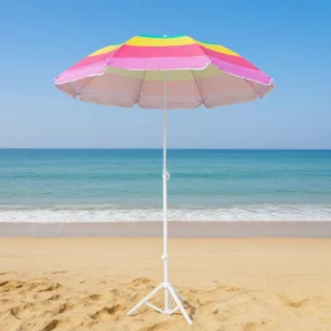 Striped Manual Polyester Silver-Coated Beach Umbrella UPF50+ UV Protection Portable Outdoor Sun and Rain Parasol