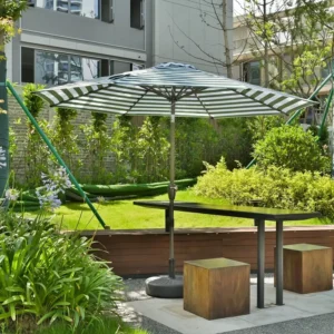 Striped Outdoor Parasol with Iron Pole and Polyester Sun and Rain Shade for Patio, Beach, and Commercial Use