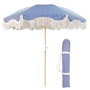 Striped Outdoor Vintage Wooden Fringe Beach Umbrella For Courtyard and Garden With Tassels