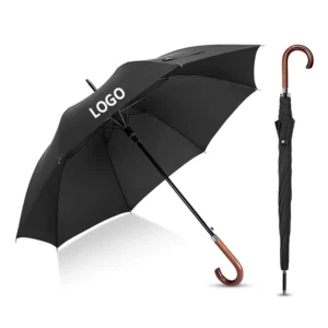 Strong Wind Resistance Wooden Handle Waterproof Fabric Windproof Semi-automatic Custom Stick Wooden Umbrella with Logo