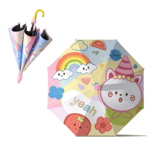 Student’s Cartoon Straight Umbrella for Primary School Children Black Rubber Rain Umbrella for Back to School