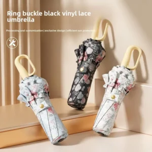 Stylish High Value Ring Handle Sunshade Manual Open Folding Umbrella Small Floral Lace Design Glass Business Gifts