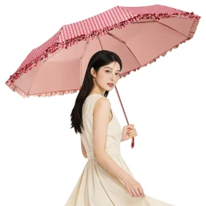 Summer Anti UV Plaid Lace 8 Ribs Custom Printed Sunshade Umbrella with Solid Wood Handle for Business Gift Women’s Manual Use