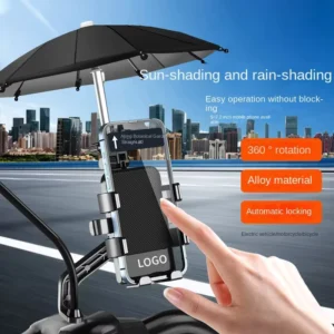Sun Protection Rainproof 36-Degree Rotation Plastic Motorcycle Mobile Phone Stand with Umbrella