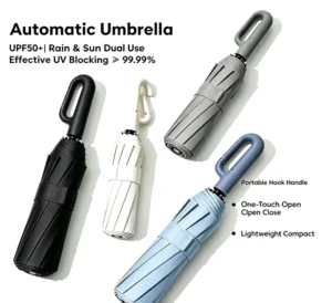 Sun Rain Hook Handle Automatic UPF50 UV Protection Lightweight Commute Travel Umbrella China OEM Factory