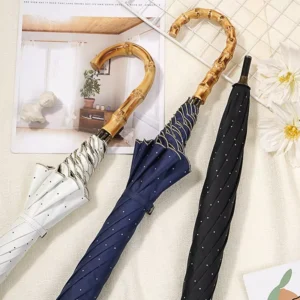 Sun Rain Manual Open Natural Bamboo Curved Handle Windproof Fiberglass Frame with Embroidery Scalloped Edge Straight Umbrella