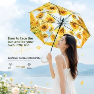 Sunflower Print Manual Transparent PVC Umbrella with Curved Handle, Fiberglass Frame and Metal Shaft