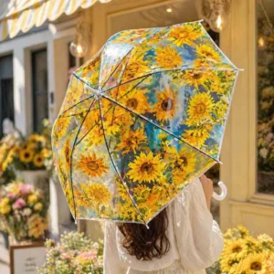 Sunflower Print POE Transparent UV-Resistant 95cm Long Handle Manual Rain Umbrella