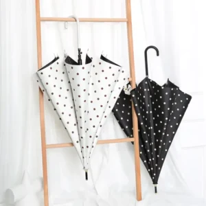 Sunscreen Polka-Dot Fiberglass Lightweight Stick Umbrella with Curved PU Leather Handle 21-Inch