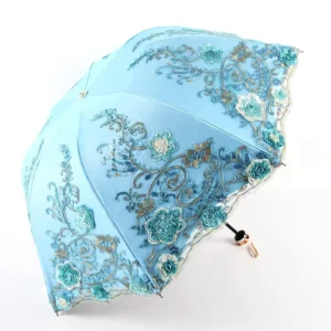 Super Luxury Elegant Embroidery Lace Umbrella with case Wedding Black Vinyl UV Fold Double Layer Lace Umbrella Parasol for Lady