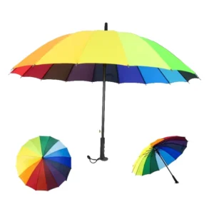 Supplier Custom 24″/30″ Auto-Open Stick Umbrella, Rainbow-Colored Pongee, EVA Handle, Logo Printing