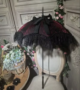 TX1349 Victorian Antique Lace Straight Umbrella with Long-handled Wood 50cm Open Diameter for Vintage Wedding Photography