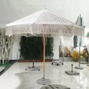 Tassel Beach Umbrella, Large Handmade Folding Rope-Woven Canopy, Wooden Grain Aluminum Pole, Macrame