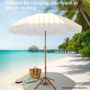 Tassel Beach Umbrella, Steel Pole, Polyester, Oversized, Sun Protection