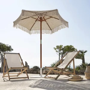 Tassel Decor Hand Rope Woven Canopy Waterproof Beach Umbrella Central Hollow Wood Pole Patio Sun Shade Parasol