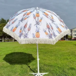 Tasseled Steel Beach Umbrella with Full-Coverage Custom Digital Pineapple Hawaiian Print