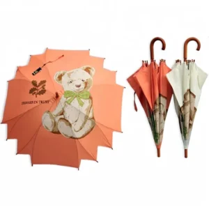 Teddy Bear Cartoon Children’s Umbrella with Wooden Handle and Auto-Open Function